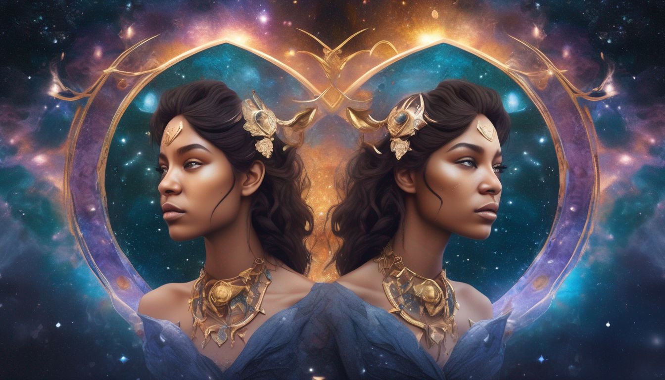 illustration of Gemini zodiac sign twins with diverse emotional expressions in a cosmic setting