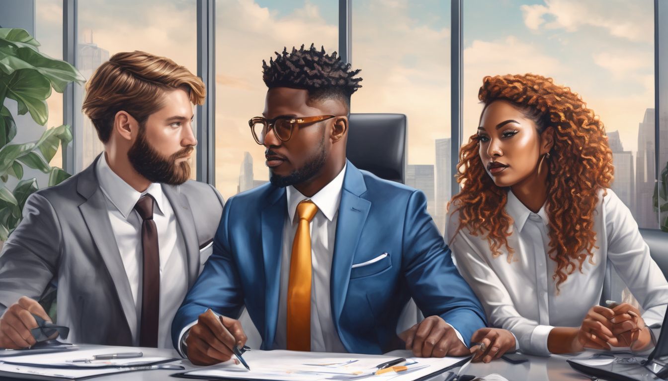 Gemini zodiac sign illustration with diverse people in business attire at a modern office