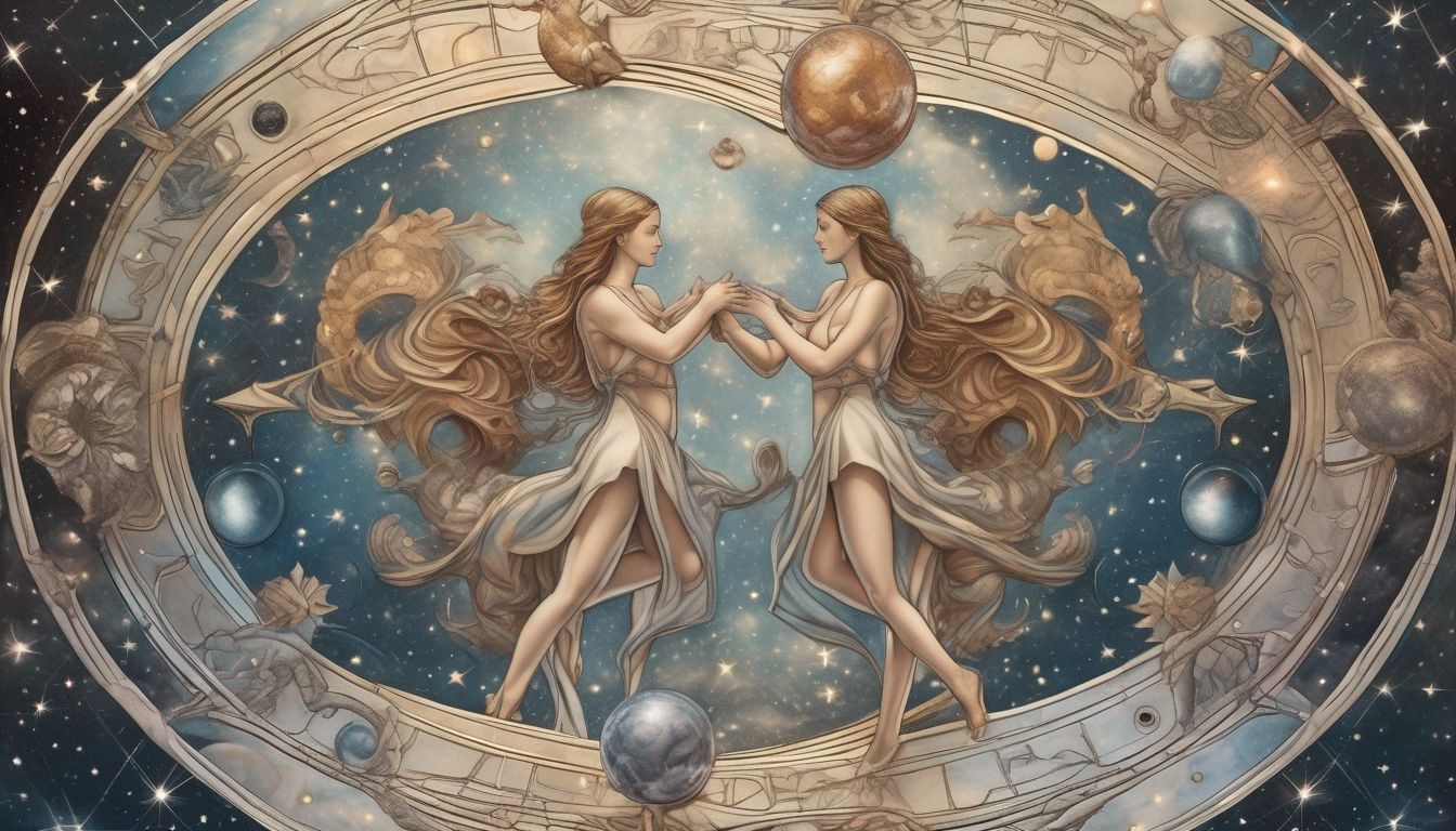 illustration of Gemini zodiac sign with two figures representing twins, interacting with various zodiac symbols in a cosmic setting