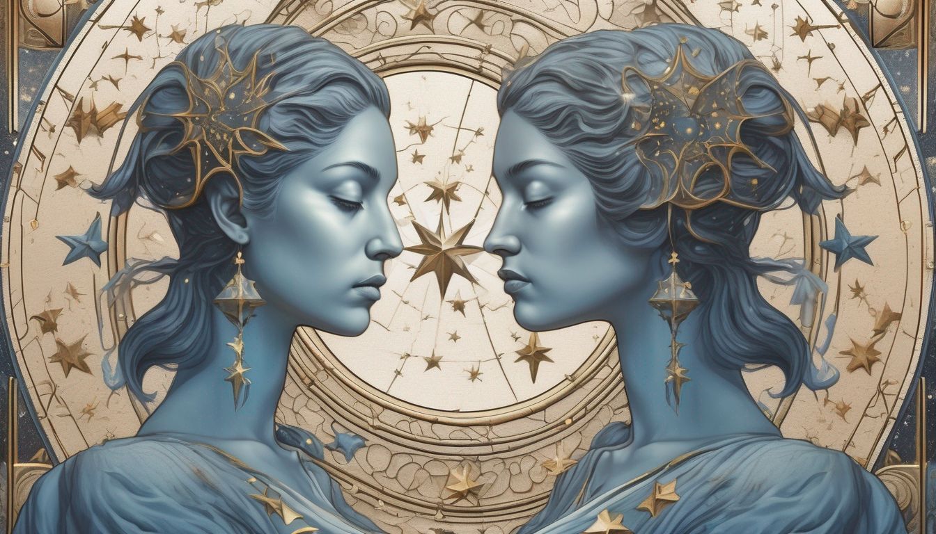 illustration of Gemini zodiac sign with twin figures representing dual personality traits, celestial background with stars