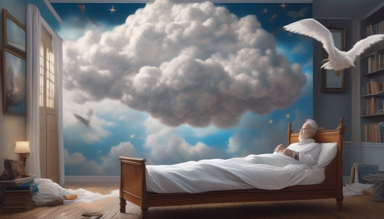 person sleeping with dream clouds showing various spiritual symbols and psychologist analyzing in background