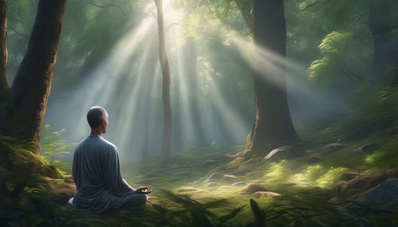 person meditating in a serene forest with ethereal light