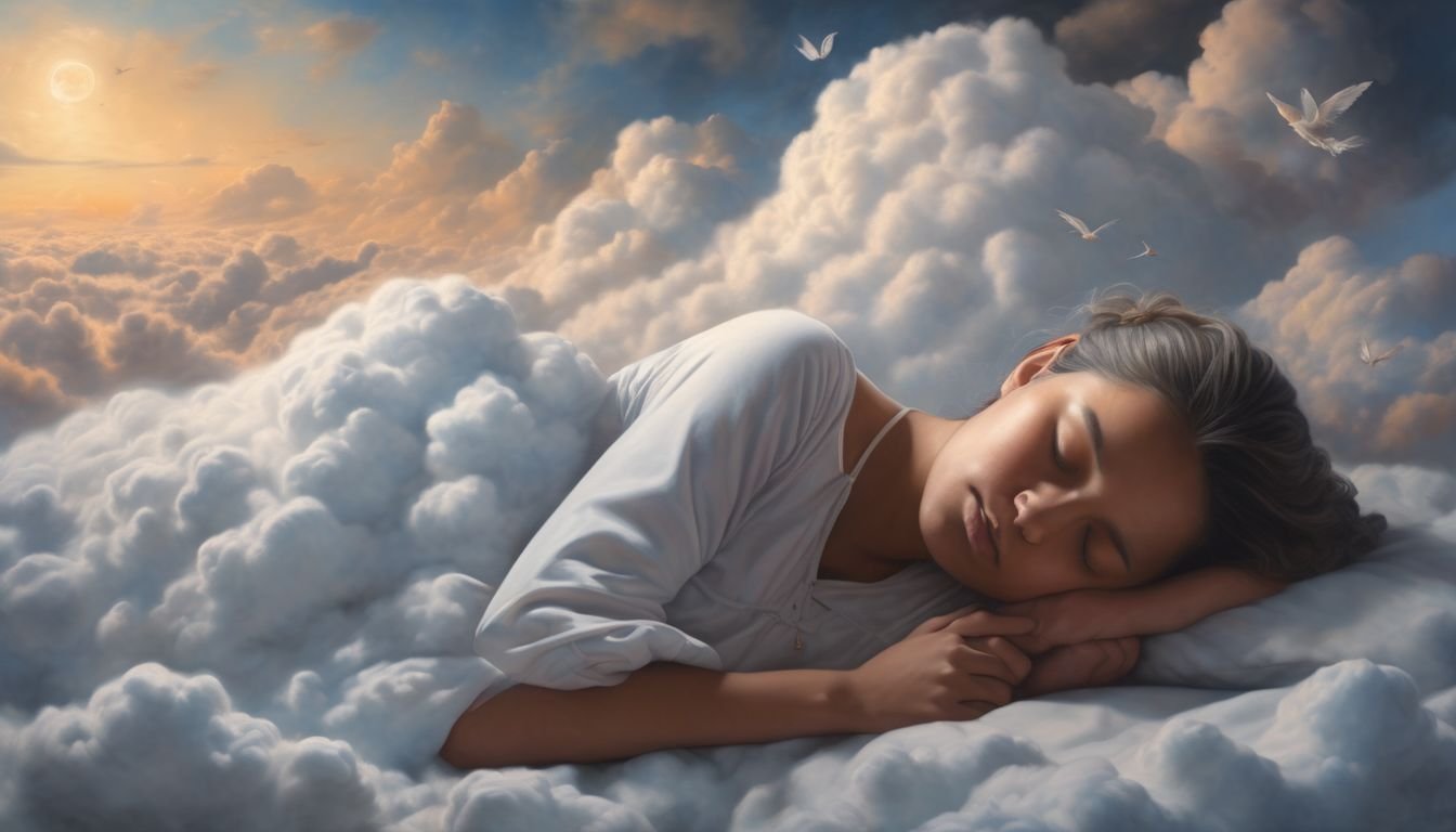 person sleeping with dream clouds showing various spiritual symbols and people whispering