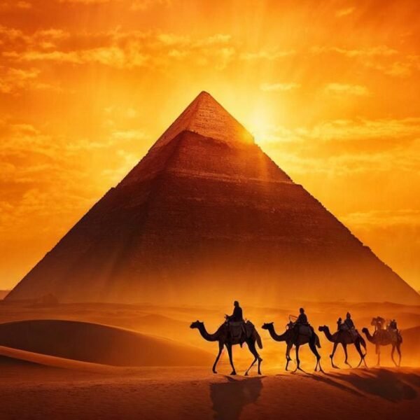 Sunset illuminating an ancient desert pyramid