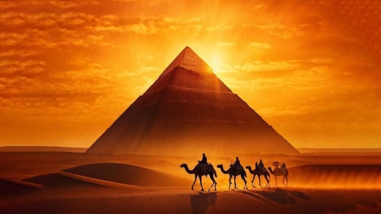 Sunset illuminating an ancient desert pyramid