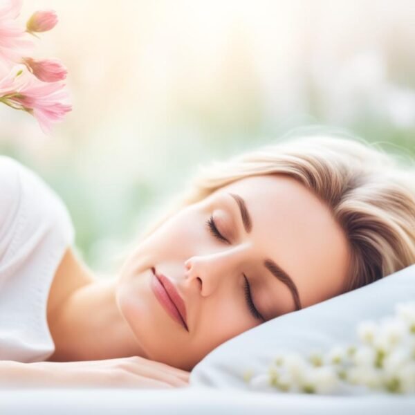 a person sleeping peacefully, with a blurred image of another person's face above them, surrounded by delicate flowers and soft colors. The background should be hazy and dreamlike, with a sense of peacefulness and romance.