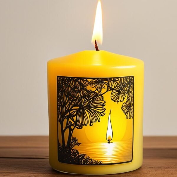 A bright yellow candle emanating a warm, glowing light with its flame dancing softly atop the wax. The flame flickers gently, casting an inviting and serene ambiance that evokes feelings of peace and relaxation. The candle is surrounded by a tranquil environment, with images of nature that represent growth and prosperity. The yellow color of the candle symbolizes mental clarity, intelligence, and positive energy. The image captures the spiritual benefits of lighting a yellow candle, such as boosting creativity, enhancing focus and concentration, promoting happiness, and attracting abundance and success.