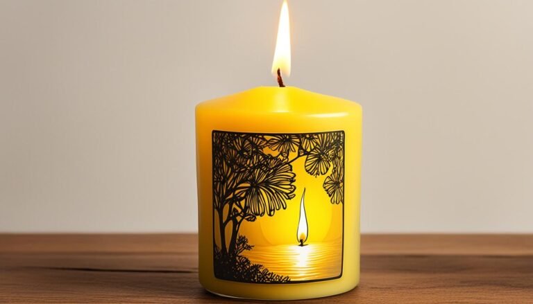 A bright yellow candle emanating a warm, glowing light with its flame dancing softly atop the wax. The flame flickers gently, casting an inviting and serene ambiance that evokes feelings of peace and relaxation. The candle is surrounded by a tranquil environment, with images of nature that represent growth and prosperity. The yellow color of the candle symbolizes mental clarity, intelligence, and positive energy. The image captures the spiritual benefits of lighting a yellow candle, such as boosting creativity, enhancing focus and concentration, promoting happiness, and attracting abundance and success.