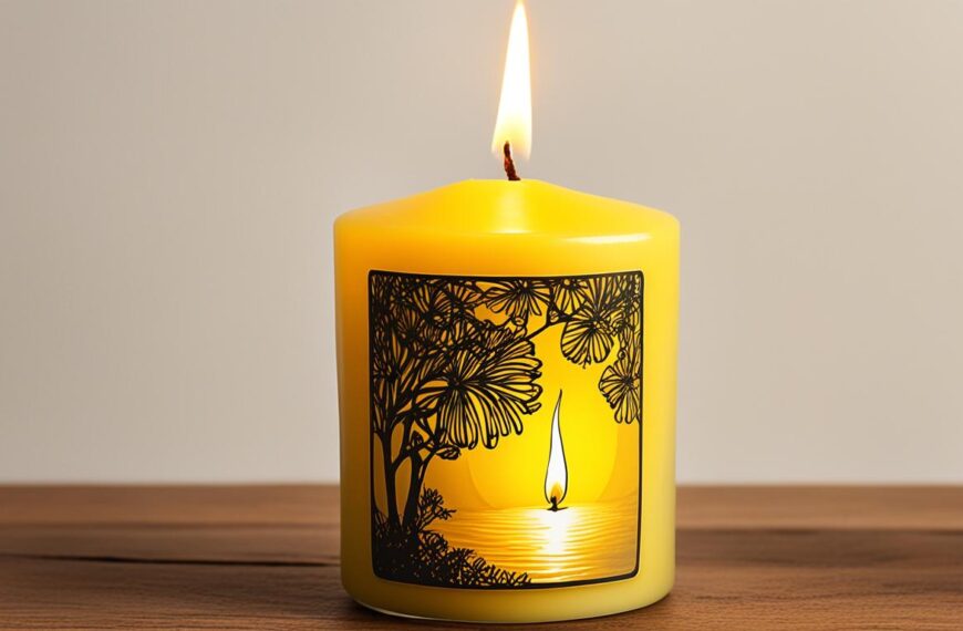 A bright yellow candle emanating a warm, glowing light with its flame dancing softly atop the wax. The flame flickers gently, casting an inviting and serene ambiance that evokes feelings of peace and relaxation. The candle is surrounded by a tranquil environment, with images of nature that represent growth and prosperity. The yellow color of the candle symbolizes mental clarity, intelligence, and positive energy. The image captures the spiritual benefits of lighting a yellow candle, such as boosting creativity, enhancing focus and concentration, promoting happiness, and attracting abundance and success.