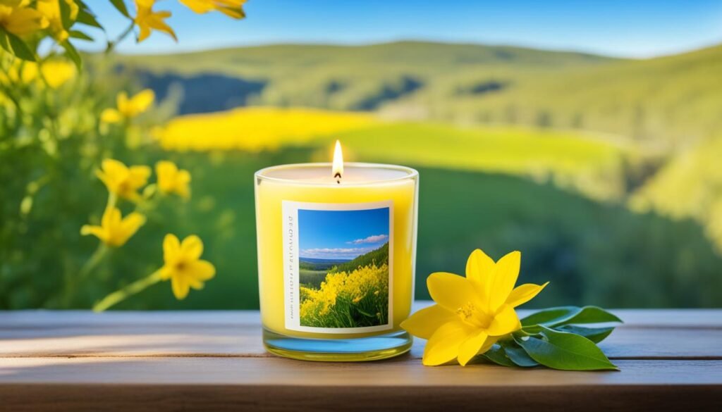 A bright yellow candle emanating a warm, glowing light with its flame dancing softly atop the wax. The flame flickers gently, casting an inviting and serene ambiance that evokes feelings of peace and relaxation. The candle is surrounded by a tranquil environment, with images of nature that represent growth and prosperity. The yellow color of the candle symbolizes mental clarity, intelligence, and positive energy. The image captures the spiritual benefits of lighting a yellow candle, such as boosting creativity, enhancing focus and concentration, promoting happiness, and attracting abundance and success.